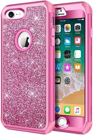 Designed for iPhone 8 iPhone 7 Case Heavy Duty FullBody Defender Protective Case Bling Glitter Sparkle Hard Shell Hybrid Shockproof Rubber Bumper Cover for iPhone 7 and iPhone 8 Rose Red