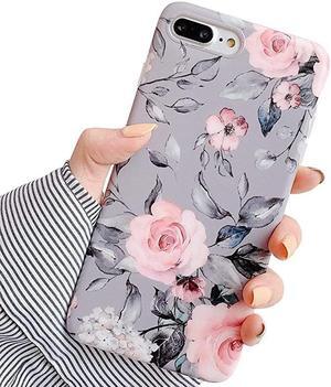 iPhone 8 Plus 7 Plus Case for Girls Flexible Soft Slim Fit FullAround Protective Cute Phone Case Cover with Purple Floral and Gray Leaves Pattern for iPhone 7Plus 8Plus Pink Flowers
