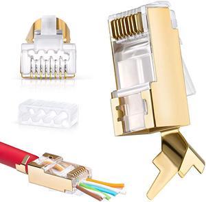 Cat7 amp Cat6A Pass Through connectors 30 Pcs | 8P8C 50UM Gold Plated Shielded FTPSTP | EZ Network Modular Plug for 23 AWG Ethernet Cable