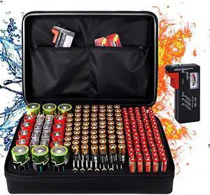 Battery Organizer Storage Box Waterproof Explosionproof Safe Carrying Case Bag Hard Holder Holds 200+ Batteries AA AAA C D 9V with Battery Tester BT168 Not Includes Batteries