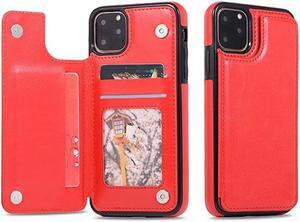 Case for iPhone 11 Pro, Luxury PU Leather Case with [Two Magnetic Clasp] [Card Slots] Stand Function Durable Shockproof Soft TPU Case Back Wallet Cover - Red
