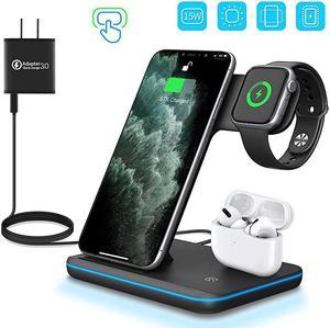 Wireless Charger 3 in 1 QiCertified 15W Fast Charging Station for Apple iWatch Series 54321AirPods Compatible with iPhone 11 SeriesXS MAXXRXSX88 PlusSamsung Black