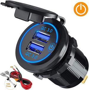 Charge 30 Dual USB Car Charger Socket with Touch Switch 12V24V 36W QC30 Dual USB Fast Charger Socket Power Outlet for Marine Boat Motorcycle Truck Golf Cart