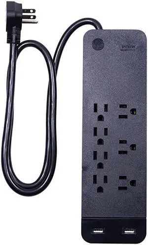 Black Strip Sur Protector Charr 7 Outlets 2 USB Ports Fast Char Flat Plug Long Power Cord 3 Feet Wall Mount Warranty 37054 3 Ft