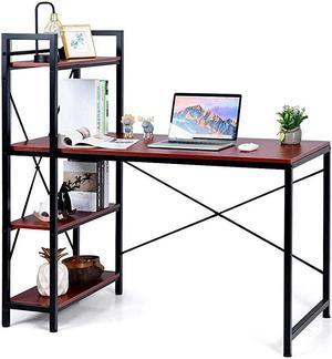 Computer Desk with 4 Tier Shelves Study Writing Table with Storage Bookshelves Compact Home Office Workstation 475 Tower Desk with Steel Frame Adjustabe Feet Pad Red Brown