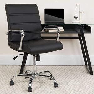 MidBack Black LeatherSoft Executive Swivel Office Chair with Chrome Base and Arms