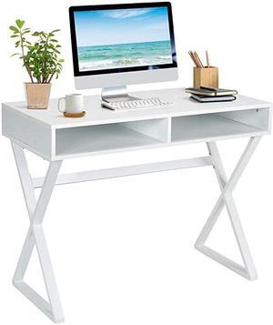 Modern White Computer Desk Makeup Vanity Table Multifunctional Study Table with 2 Storage Compartments Writing Desk for Home Office