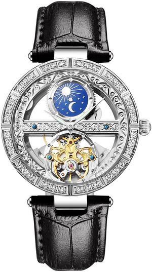 Women Watches Mechanical Watch Leather Band Automatic Self-Winding Wristwatch Moon Phase Luminous Watch for Women Ladies