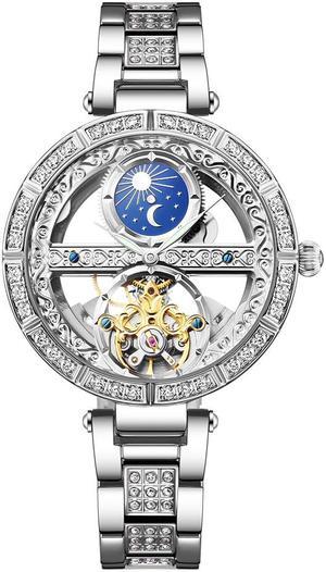 Women Watches Mechanical Watch Leather Band Automatic Self-Winding Wristwatch Moon Phase Luminous Watch for Women Ladies