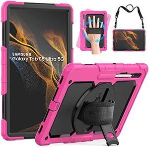 MLZYUE Case for Samsung Galaxy Tab S8 Ultra/S9 Ultra 14.6'', 3-Layer Rugged Military Grade Shockproof Case for Tab S8 Ultra/S9 Ultra with 360deg Swivel Handle, S-Pen Holder, Shoulder Strap, Rose Red