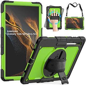 MLZYUE Case for Samsung Galaxy Tab S8 Ultra/S9 Ultra 14.6'', 3-Layer Rugged Military Grade Shockproof Case for Tab S8 Ultra/S9 Ultra with 360deg Swivel Handle, S-Pen Holder, Shoulder Strap, Green PC