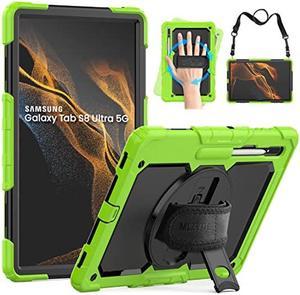 MLZYUE Case for Samsung Galaxy Tab S8 Ultra/S9 Ultra 14.6 Inch, 3-Layer Rugged Military Grade Shockproof Case for Tab S8 Ultra/S9 Ultra with 360deg Swivel Handle, S-Pen Holder, Shoulder Strap, Green