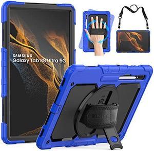 MLZYUE Case for Samsung Galaxy Tab S8 Ultra/S9 Ultra 14.6 Inch, 3-Layer Rugged Military Grade Shockproof Case for Tab S8 Ultra/S9 Ultra with 360deg Swivel Handle, S-Pen Holder, Shoulder Strap, Blue