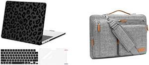 MOSISO Compatible with MacBook Air 13.6 inch A2681 M2, Plastic Leopard Grain Hard Shell Case&Keyboard Cover&Screen Protector & 16 inch Side Open Laptop Shoulder Bag with 4 Zipper Pockets, Black & Gray