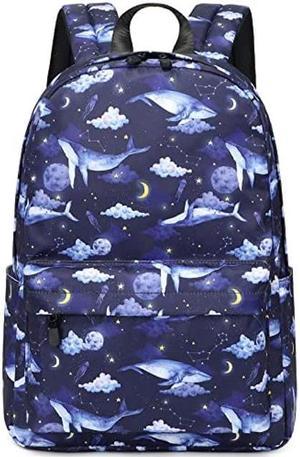 MIRLEWAIY 15.7 inch Lightweight Water-resistent Bookbag Travel Laptop Backpack Primary Junior School Day Pack for Teen Girls, Whales in Dark Sky