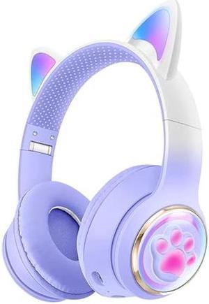 QearFun Cat Headphones for Girls Kids for School, Kids Bluetooth Headphones with Microphone & 3.5mm Jack, Teens Toddlers Wireless Headphones with Adjustable Headband for ipad/Tablet/PC-Purple