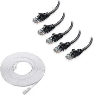 Cable Matters 5-Pack 3-Foot Snagless Short Cat6 Ethernet Cable (Cat6 Cable, Cat 6 Cable) in Black & 1-Pack 50-Foot Cat6 Snagless Long Flat Ethernet Cable in White