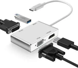 Weton USB C to HDMI DVI VGA Adapter, 4 in 1 USB-C hub to 4K HDMI, VGA, DVI Video Adapter, Male to Female Multi-Display Video Converter Monitors Connector for Mac Pro, MacBook Air, iPad Pro, XPS, etc