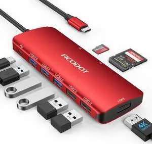 Acodot 9-in-1 USB C Hub Multiport Adapter - 4K@60HZ HDMI, 3 USB 3.0 Ports, SD/TF Card Reader, 100W PD for MacBook Pro Air HP XPS - Red