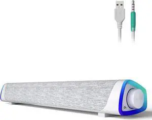 SOULION R30 Computer Speakers, USB Powered 3.5mm AUX Small PC Speakers, Colorful LED Lights with Switch Button, Surround Sound Portable Computer Sound Bar Speaker for Desktop Laptop White