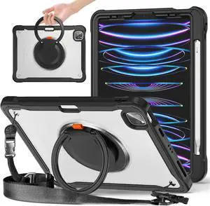 Batianda Ultimate Case for iPad Pro 12.9-inch 2022 6th M2 /2021 (5rd Generation) / iPad Pro 12.9" 4th/3rd Gen Rugged Shockproof Tablet Cover with 360° Rotatable Kickstand & Shoulder Strap, Black