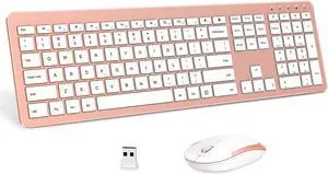 Wireless Keyboard and Mouse Combo - Full Size Slim Thin Wireless Keyboard Mouse with Numeric Keypad 2.4G Stable Connection Adjustable DPI - Rose Gold & White