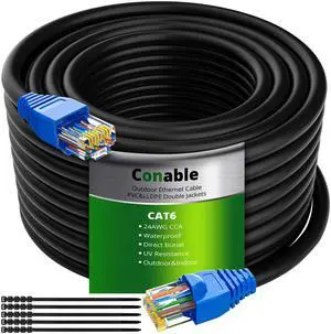 Cat6 Outdoor Ethernet Cable 200ft, Heavy Duty Double Jackets Internet Cord, Waterproof, Direct Burial, (from 25FT to 500 FT) Support PoE Cat6 Cat5e Cat5 Network, Cat 6 RJ45 Patch Cable with 25 Ties
