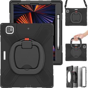 iPad Pro 12.9 Case 6th Generation 2022/5th Gen 2021/4th Gen 2020/3th Gen 2018,Heavy Sturdy Shockproof Kids Case,Rotating Stand/Pencil Holder/Carrying Strap for iPad 12.9 Inch (Black)