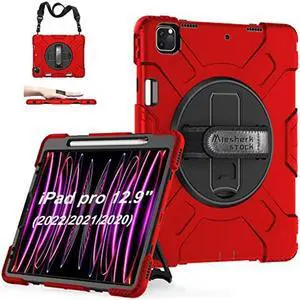 Case for iPad Pro 12.9 2022 6th Generation/2021 5th Gen: Military Grade Silicone Protective Cover for iPad 12.9 2020 Inch 4th Gen W/Pencil Holder - Stand - Handle - Shoulder Strap- Red