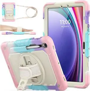 SEYMAC stock Case for Samsung Galaxy Tab S9/ S9 FE 5G Tablet Case with Screen Protector Pencil Holder [360 Rotating Hand Strap] &Stand, Drop-Proof Case for Galaxy Tab S9 FE 10.9''/ S9 11'', Beige+Pink