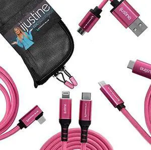 KONDOR BLUE x iJustine | Complete Collection | 9 Braided Cable Pack with EDC Tech Pouch for Cable Organization, Compatible with Phones, Computers, Cameras, & Beyond | Pink