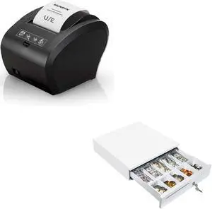 MUNBYN POS Printer, Receipt Printer USB Ethernet 80MM Thermal Printer P047 and White Cash Drawer, 16" Heavy Duty Cash Register for Point of Sale (POS) System