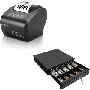 MUNBYN WiFi Thermal Receipt Printer with USB/LAN/RS232 Port, 80mm POS Printer Works and Black Cash Register Drawer, 16" Wide Cash Drawer