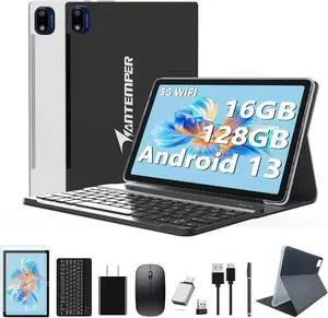 2024 Newest Android 13 Tablets 10 Inch, 5G Wifi Tablet Mit 16GB RAM+128GB ROM(1TB TF),2 In 1 Tablet with keyboard Mouse Pen-Octa-Core2.0Ghz | 7000mAh | 1080FHD | 13MP Camera | WLAN GPS OTG Typ-c-Black