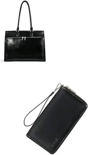 BOSTANTEN Leather Briefcase for Women Vintage 15.6 inch Laptop Bag Business Tote Shoulder Handbag Black Leather Wallets for Women RFID Blocking Zip Around Credit Card Holder Phone Clutch Bla