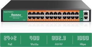 Reidubo 24 Port Gigabit PoE Switch with 2 Uplink Gigabit Ethernet Ports, 400W, Unmanaged,19-inch Rackmount, VLAN, 802.3af/at, Fanless Silent Operation, Compatible with AP WiFi6, PoE Cameras