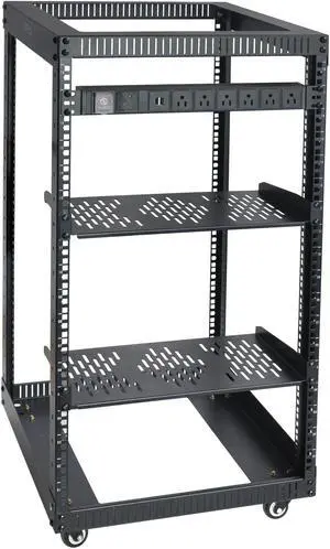 RIVECO 18U Open Frame Server Rack with Brake Casters + PDU (8 Outlets) Power Strip Surge Protector + 2 PCS Rack Shelves Cantilever Tray Set Black