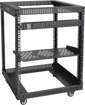 RIVECO 19" 12U Server Rack Open Frame with Wheels + PDU (8 Outlets) Power Strip Surge Protector + 1U Rack Shelf Cantilever Tray Set Black
