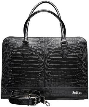 Su.B.dgn 15.6 inch Laptop Bag, with Luggage Strap, Briefcase for Women, Croco Print Leather, Shoulder Bag, Crossbody Bag with Shoulder Strap - Black