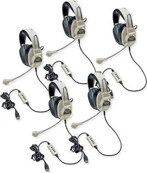 Califone 3066-USB Deluxe Multimedia Stereo Headset with USB Plug, Flexible Omni Directional Microphone, Around Ear Ambient Noise Reducing Earcups, In-line Volume Control, Pack of 5