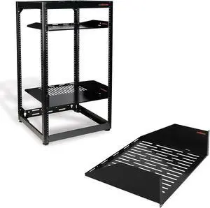 ECHOGEAR 20U Open Frame Rack with Additional 3U Shelf Bundle - Black, Wall/Floor Mount, Metal, Server/Networking/AV Components, 20.24"D x 18"W x 35"H