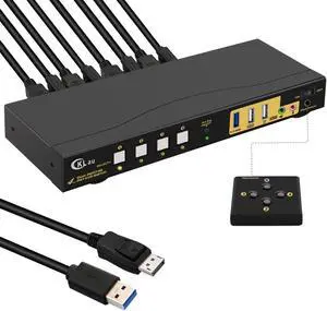 CKLau 4K60Hz 2K@144Hz MST KVM Switch 2 Monitors 4 Compuers (1 DP in, DP + HDMI Out) with Cables, Audio, Microphone, USB 3.0 Hub Supports Keyboard Mouse Switching Suit for Laptops, PCs