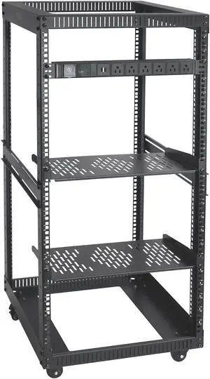 RIVECO 22U Open Frame Server Rack with Brake Casters +19" Rail Mounting PDU (8 Outlets) Power Strip with Surge Protector + 2PCS Rack Shelves Cantilever Tray Set Black