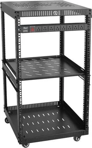 RIVECO OFCO 18U Network Rack with Reinforced Top & Bottom Vented Plates - 4 Rolling Wheels Floor Standing Rack for 19" Equipment & Stereo Gear - Including 1PCS Rack Shelf & Rail Mount PDU