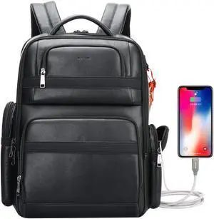 BOPai 40L Genuine Business Leather Laptop Professional Backpack for Men 15.6 inch Computer with USB Charging Multi-Functional Large Capacity Travel Smart Work Rucksack Anti Theft Black