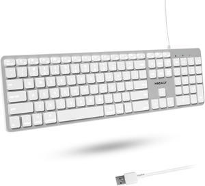 Macally Backlit Mac Keyboard Wired - Quiet, Sleek, and Compatible Apple Keyboard - White LEDs, 3 Brightness Levels, 107 Keys, 16 Shortcuts - Backlit Wired Keyboard for Mac - Silver