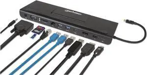 Manhattan USB-C 11 in 1 Docking Station -for 3 Display Monitors, Connect & Charge Devices-USB C to 4K HDMI/DP, 1080p VGA & 3 USB, 100W PD, Ethernet, SD Card Reader, 3.5 mm Aux -3 Yr Mfg Warranty