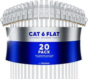 Cat6 Ethernet Cable 10ft, 20-Pack White - Flat High-Speed Network Cables for Gaming, Streaming, Router, Modem, PC, PS5, Xbox - Durable & Space-Saving Design