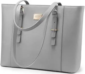 LOVEVOOK Laptop Bag for Women, Structured Leather Computer Bag, Professional Work Tote Purse, Teacher/Attorneys Choice, Light-Grey