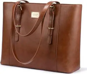 LOVEVOOK Laptop Bag for Women, Structured Leather Computer Bag, Professional Work Tote Purse, Teacher/Attorney's Choice, Retro-Brown